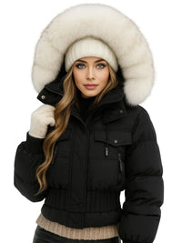 Thumbnail for Black puffer jacket with a large fur hood on a white background