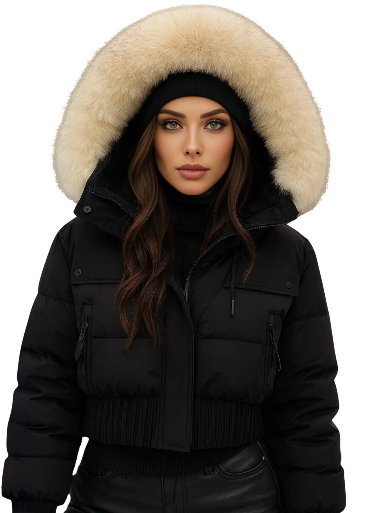 Woman wearing a black puffer jacket with a large fur hood on a white background