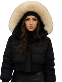 Thumbnail for Woman wearing a black puffer jacket with a large fur hood on a white background