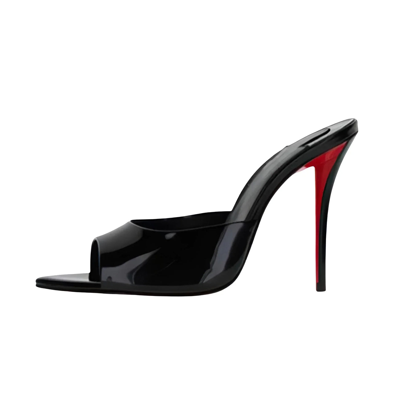Black red sole high-heeled shoe with a red sole on a white background