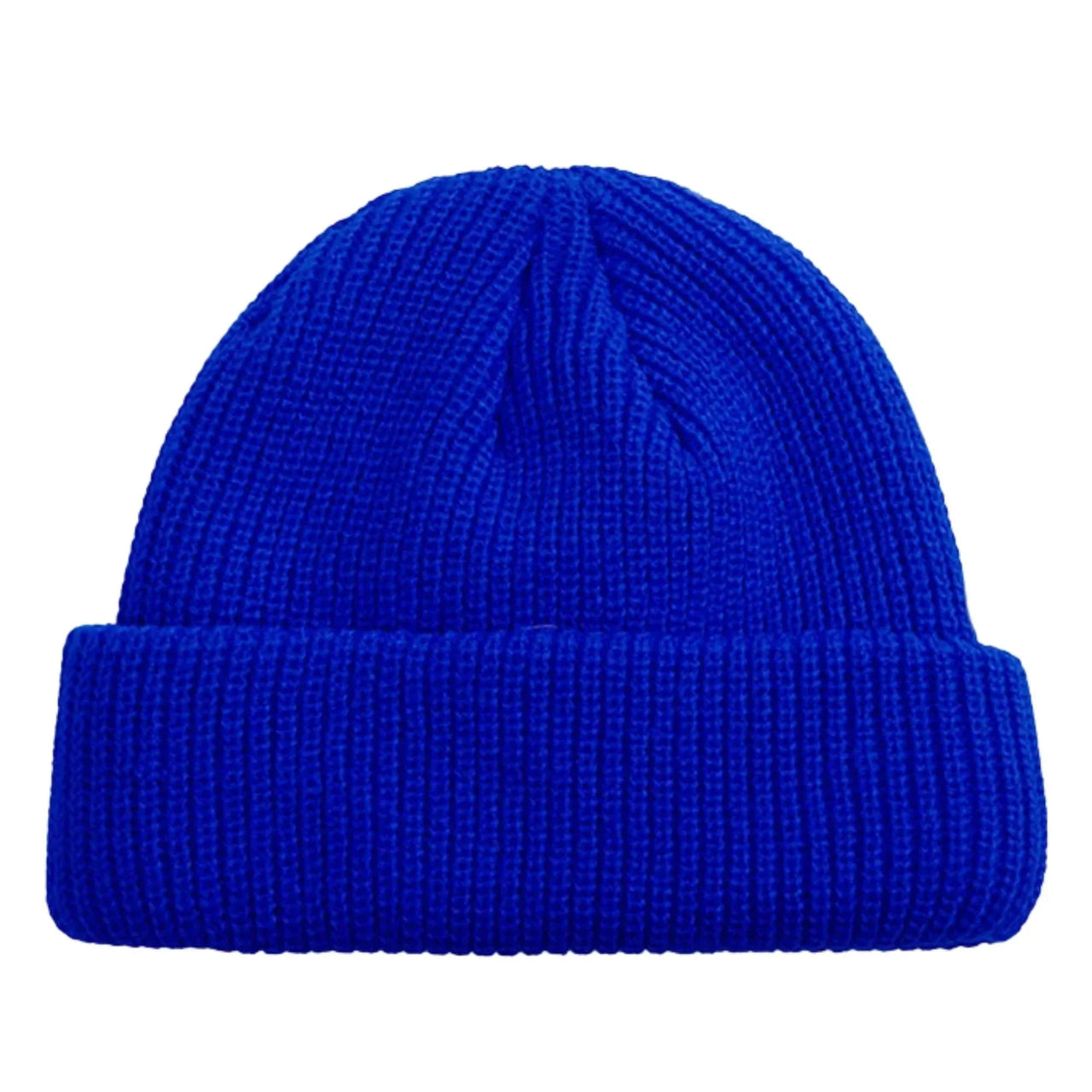 Blue knit beanie on a white background