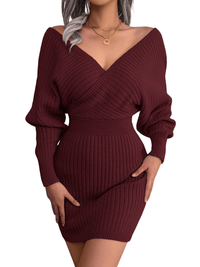 Thumbnail for Bodycon Mini Sweater Dresses For Women 2025 Casual Long Sleeve Knit Dress, Drestiny, S, M, L, Mini Dresses, Long Sleeves, Deep V Neck, Backless, United States, USA, Australia, New Zealand, United Kingdom, UK, Lavender, Purple, Sky Blue, Light Blue, White, Ivory, Black, Claret, Dark Red, Wine Red, Green, mini sweater dress, short sweater dress, sweater dress mini, casual mini sweater dress, jumper mini dress, casual mini jumper dress, shopdrestiny.com