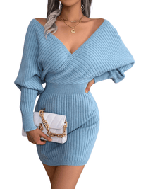 Thumbnail for Bodycon Mini Sweater Dresses For Women 2025 Casual Long Sleeve Knit Dress, Drestiny, S, M, L, Mini Dresses, Long Sleeves, Deep V Neck, Backless, United States, USA, Australia, New Zealand, United Kingdom, UK, Lavender, Purple, Sky Blue, Light Blue, White, Ivory, Black, Claret, Dark Red, Wine Red, Green, mini sweater dress, short sweater dress, sweater dress mini, casual mini sweater dress, jumper mini dress, casual mini jumper dress, shopdrestiny.com