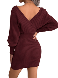 Thumbnail for Bodycon Mini Sweater Dresses For Women 2025 Casual Long Sleeve Knit Dress, Drestiny, S, M, L, Mini Dresses, Long Sleeves, Deep V Neck, Backless, United States, USA, Australia, New Zealand, United Kingdom, UK, Lavender, Purple, Sky Blue, Light Blue, White, Ivory, Black, Claret, Dark Red, Wine Red, Green, mini sweater dress, short sweater dress, sweater dress mini, casual mini sweater dress, jumper mini dress, casual mini jumper dress, shopdrestiny.com