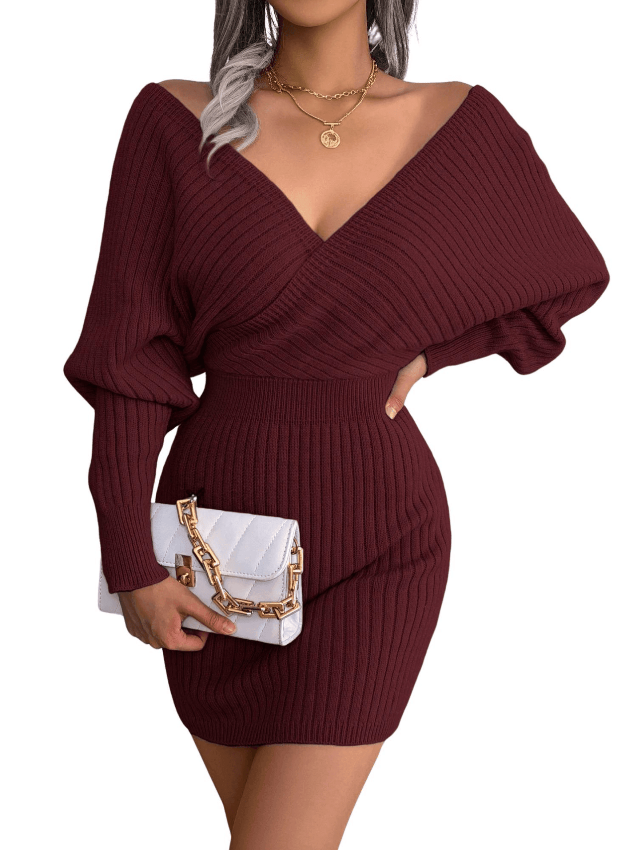 Bodycon Mini Sweater Dresses For Women 2025 Casual Long Sleeve Knit Dress, Drestiny, S, M, L, Mini Dresses, Long Sleeves, Deep V Neck, Backless, United States, USA, Australia, New Zealand, United Kingdom, UK, Lavender, Purple, Sky Blue, Light Blue, White, Ivory, Black, Claret, Dark Red, Wine Red, Green, mini sweater dress, short sweater dress, sweater dress mini, casual mini sweater dress, jumper mini dress, casual mini jumper dress, shopdrestiny.com