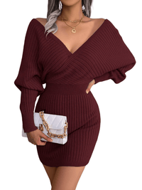 Thumbnail for Bodycon Mini Sweater Dresses For Women 2025 Casual Long Sleeve Knit Dress, Drestiny, S, M, L, Mini Dresses, Long Sleeves, Deep V Neck, Backless, United States, USA, Australia, New Zealand, United Kingdom, UK, Lavender, Purple, Sky Blue, Light Blue, White, Ivory, Black, Claret, Dark Red, Wine Red, Green, mini sweater dress, short sweater dress, sweater dress mini, casual mini sweater dress, jumper mini dress, casual mini jumper dress, shopdrestiny.com