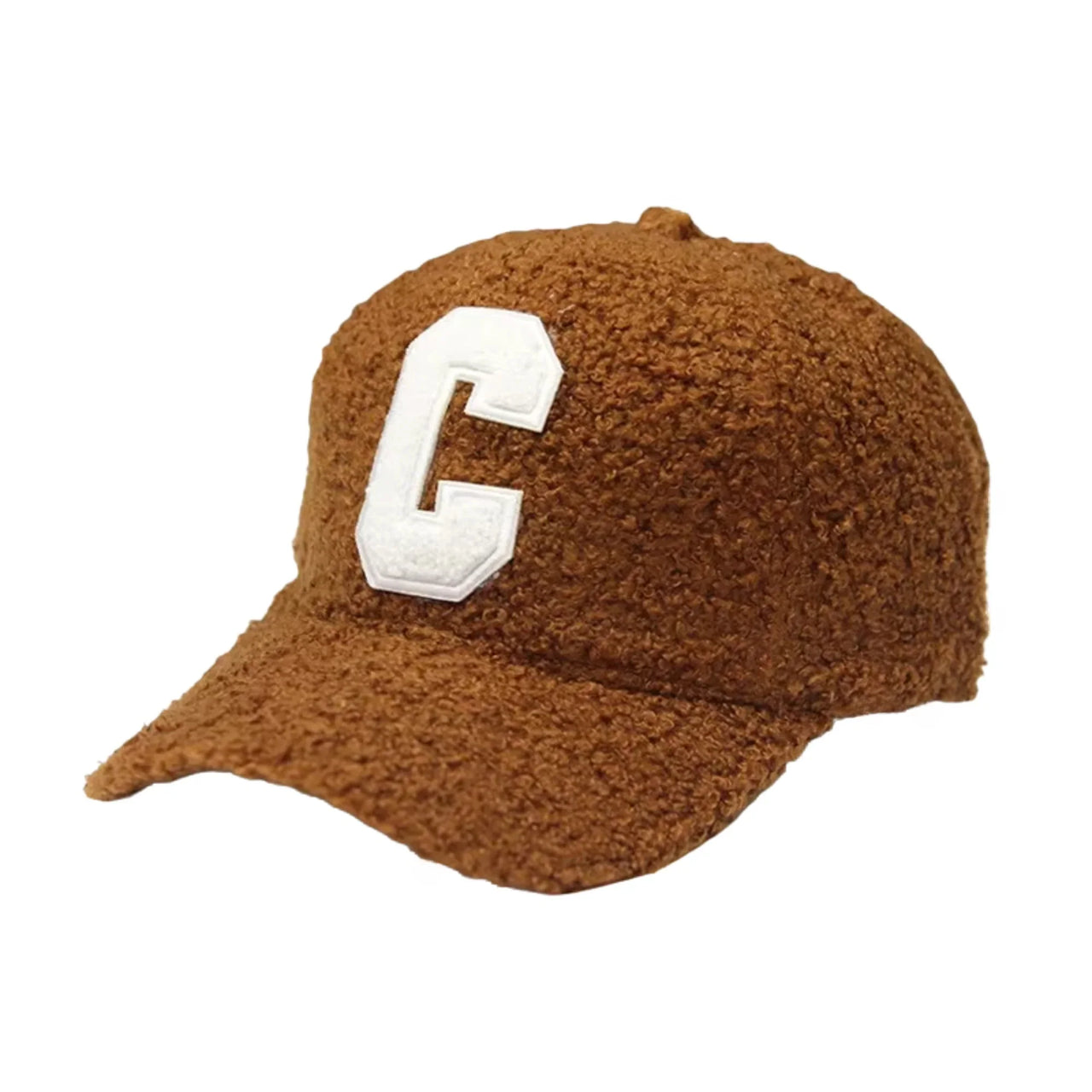 Brown fuzzy cap with a white 'C' on a white background