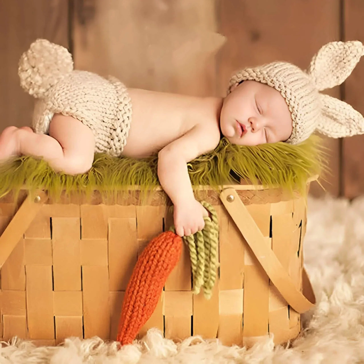 Newborn baby in bunny outfit lying in a basket with a carrot prop.