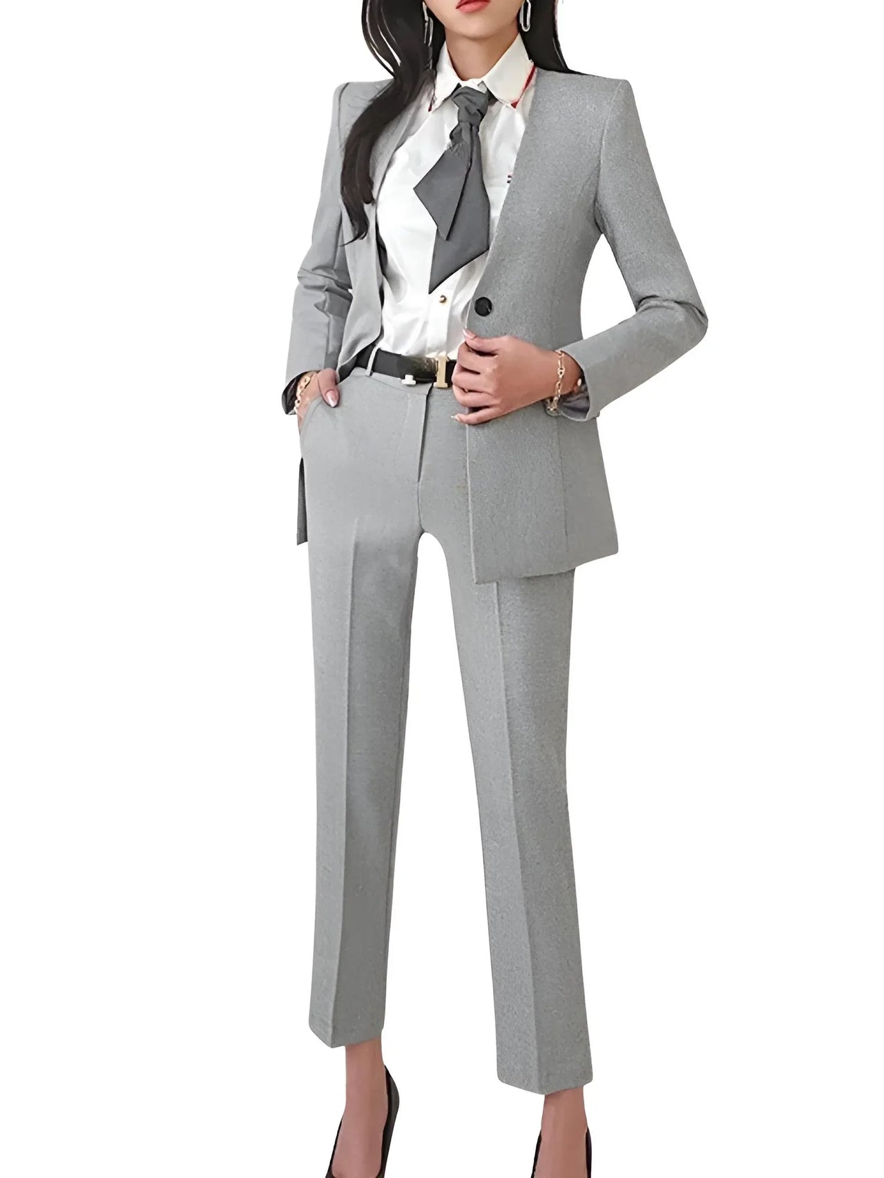 Gray suit with white shirt and tie on a white background