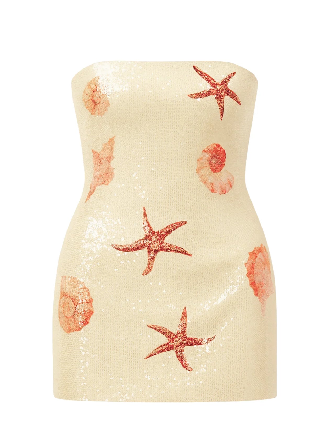 Beige strapless sequin mini dress with starfish and shell patterns on a white background
