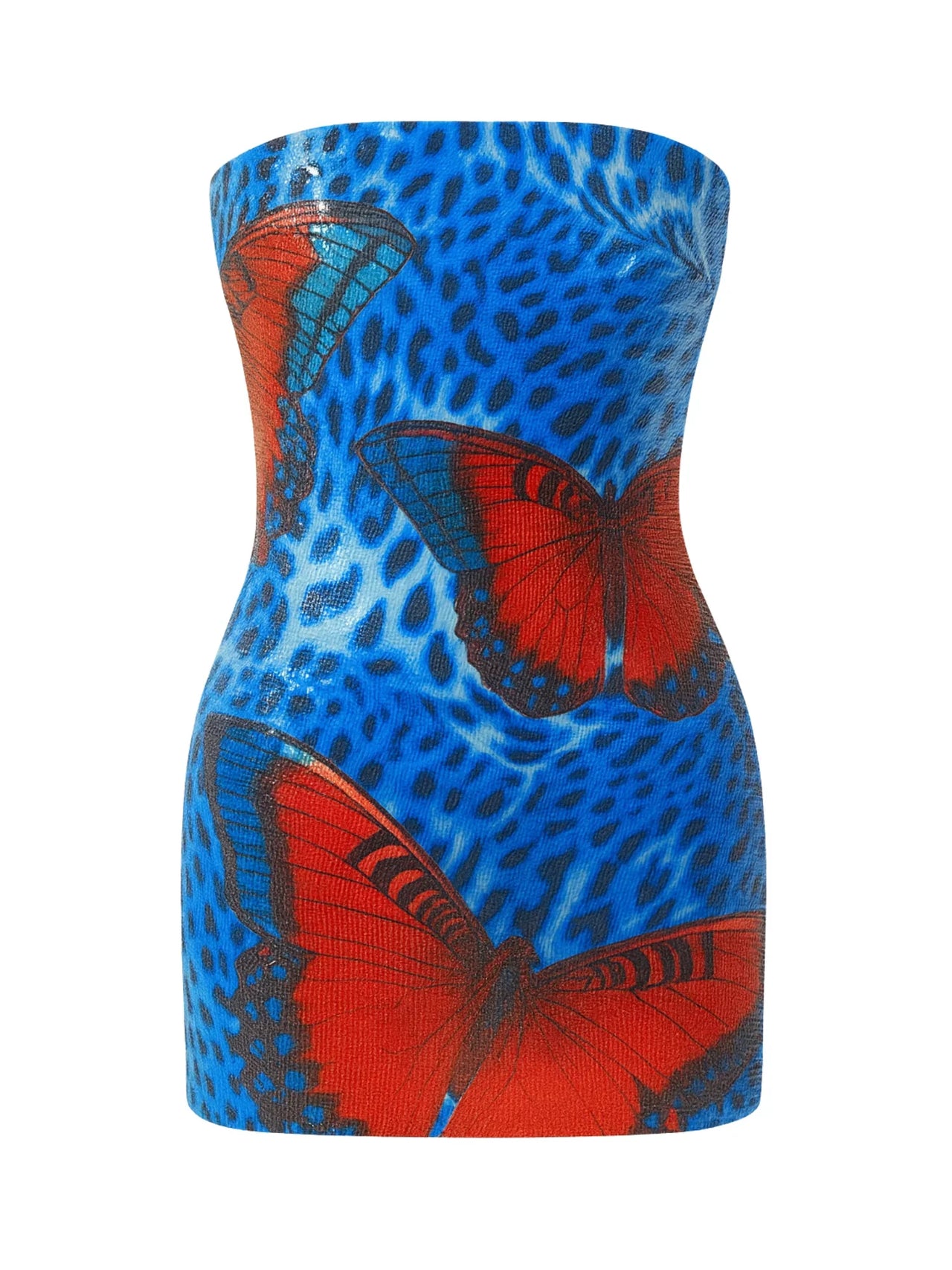 Blue strapless dress with red butterfly patterns on a white background