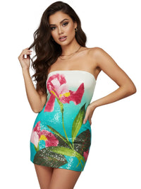 Thumbnail for Woman wearing a strapless mini dress with a sequin floral design on a white background