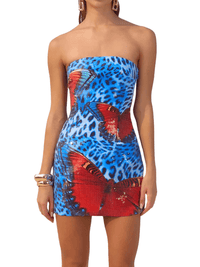 Thumbnail for A strapless sequin mini dress with a butterfly pattern in vibrant colors, featuring a sleeveless design and a backless feature.