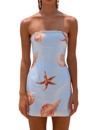 Thumbnail for A strapless sequin mini dress with a starfish and seashell pattern in vibrant colors, featuring a sleeveless design and a backless feature.