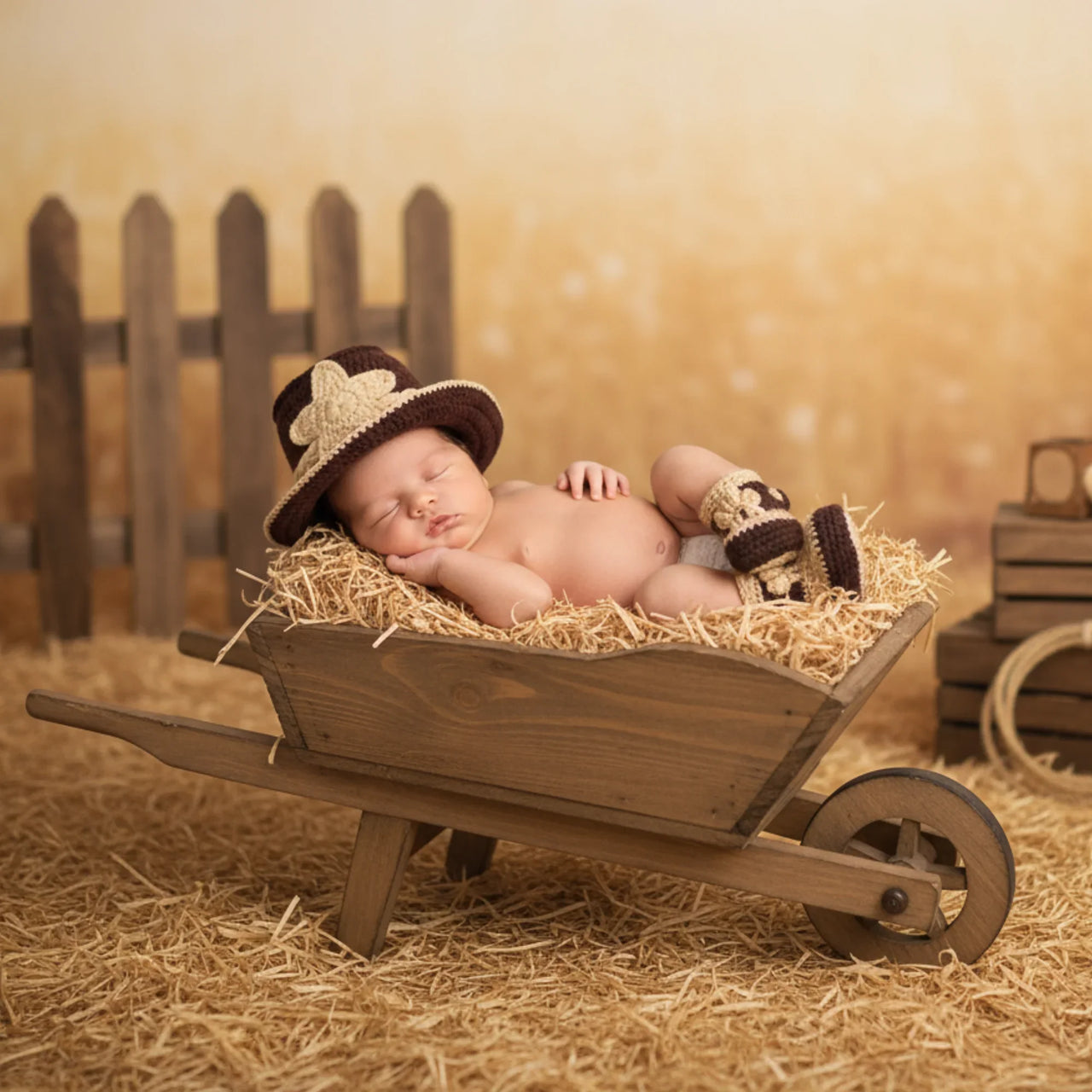 Newborn baby in a wooden wheelbarrow with hay, wearing a hat and outfit, against a warm-toned background.
