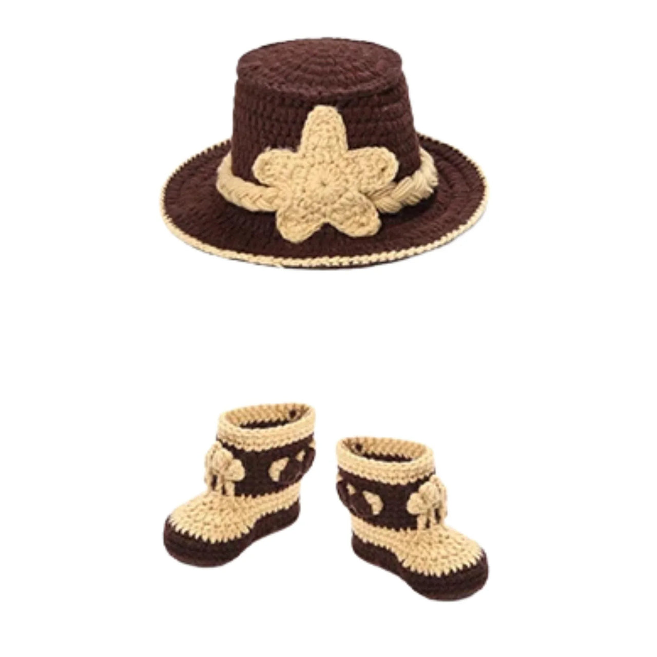 Crocheted brown hat with a flower and matching boots on a white background