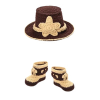 Thumbnail for Crocheted brown hat with a flower and matching boots on a white background