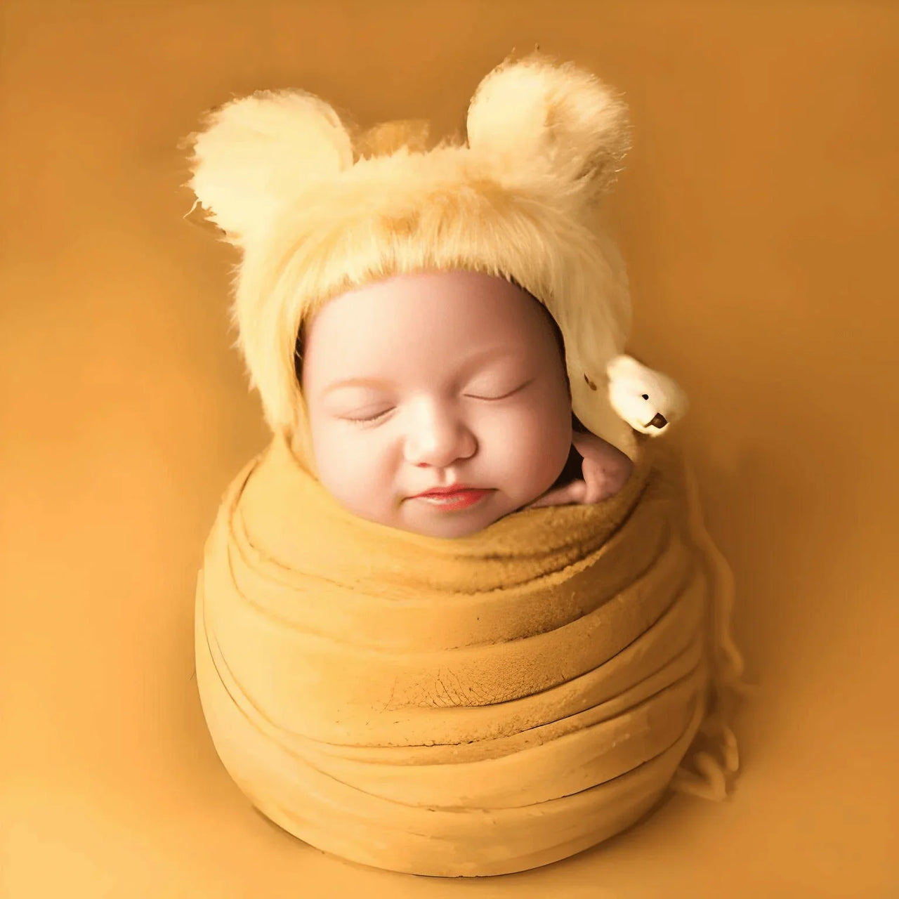 Newborn baby wrapped in yellow wrap and wearing a matching yellow bear hat on a yellow background