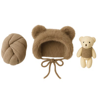 Thumbnail for Set of khaki baby hat, newborn wrap, and teddy bear on a white background