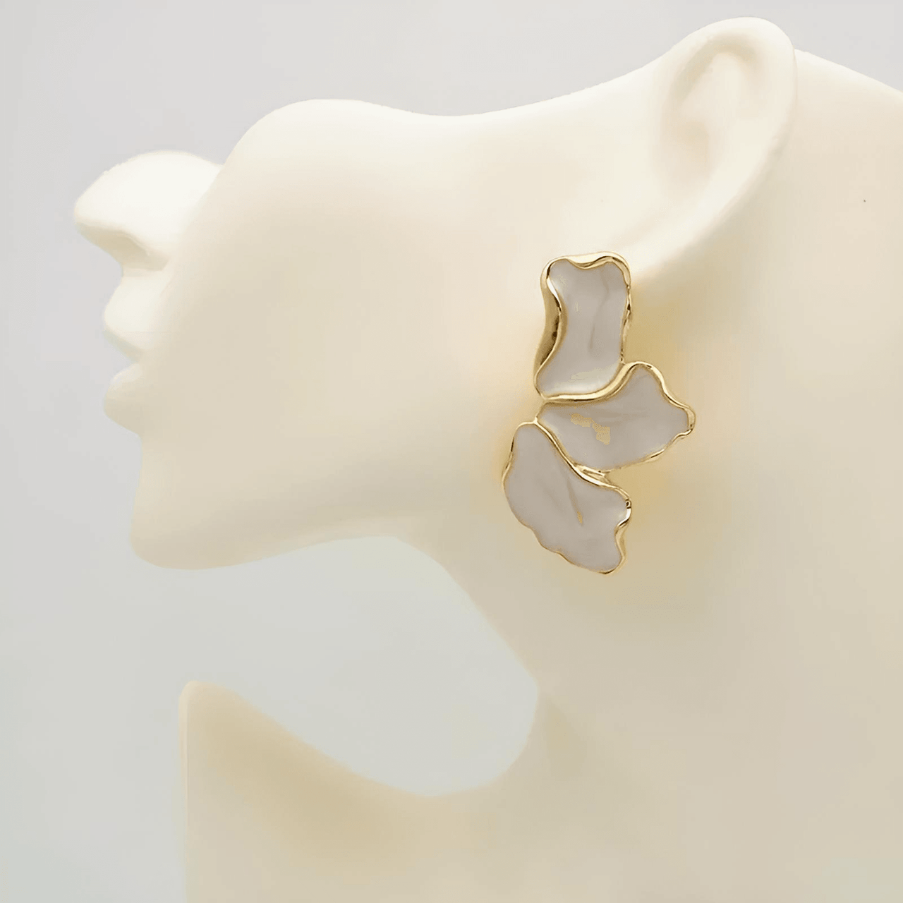 Cream Epoxy Metal Flower Stud Earrings Women's Fashion Gold Color Plating Irregular Post Earrings Heavy Design Statement Earrings, Drestiny, Earrings, Gold, Cream, Trendy Accessories, Gender_Women, United States, USA, Canada, Australia, New Zealand, United Kingdom, UK, Metal flower stud earrings, gold flower stud earrings, Small metal flower earrings, cute metal flower studs, shopdrestiny.com