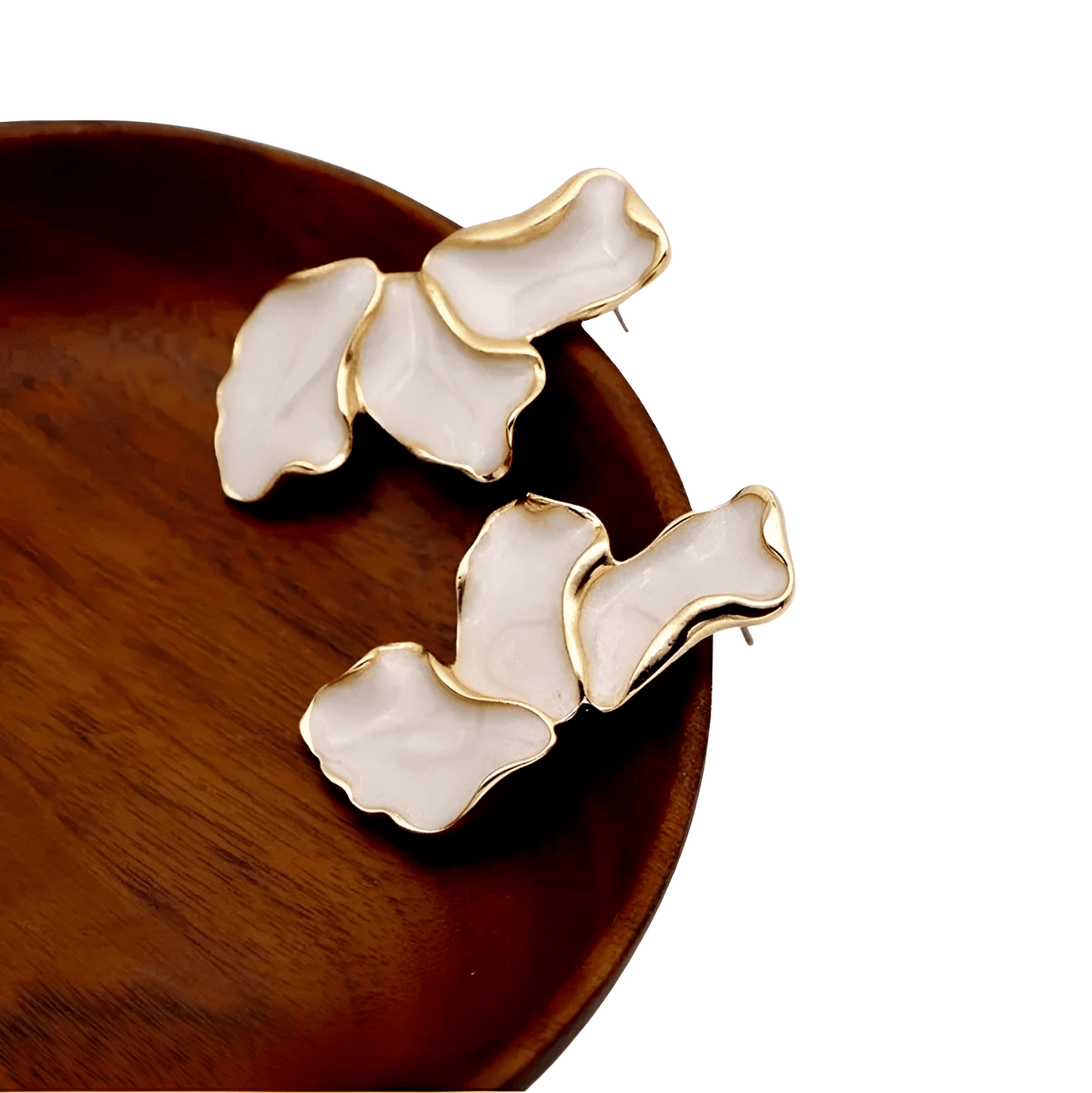 Cream Epoxy Metal Flower Stud Earrings Women's Fashion Gold Color Plating Irregular Post Earrings Heavy Design Statement Earrings, Drestiny, Earrings, Gold, Cream, Trendy Accessories, Gender_Women, United States, USA, Canada, Australia, New Zealand, United Kingdom, UK, Metal flower stud earrings, gold flower stud earrings, Small metal flower earrings, cute metal flower studs, shopdrestiny.com