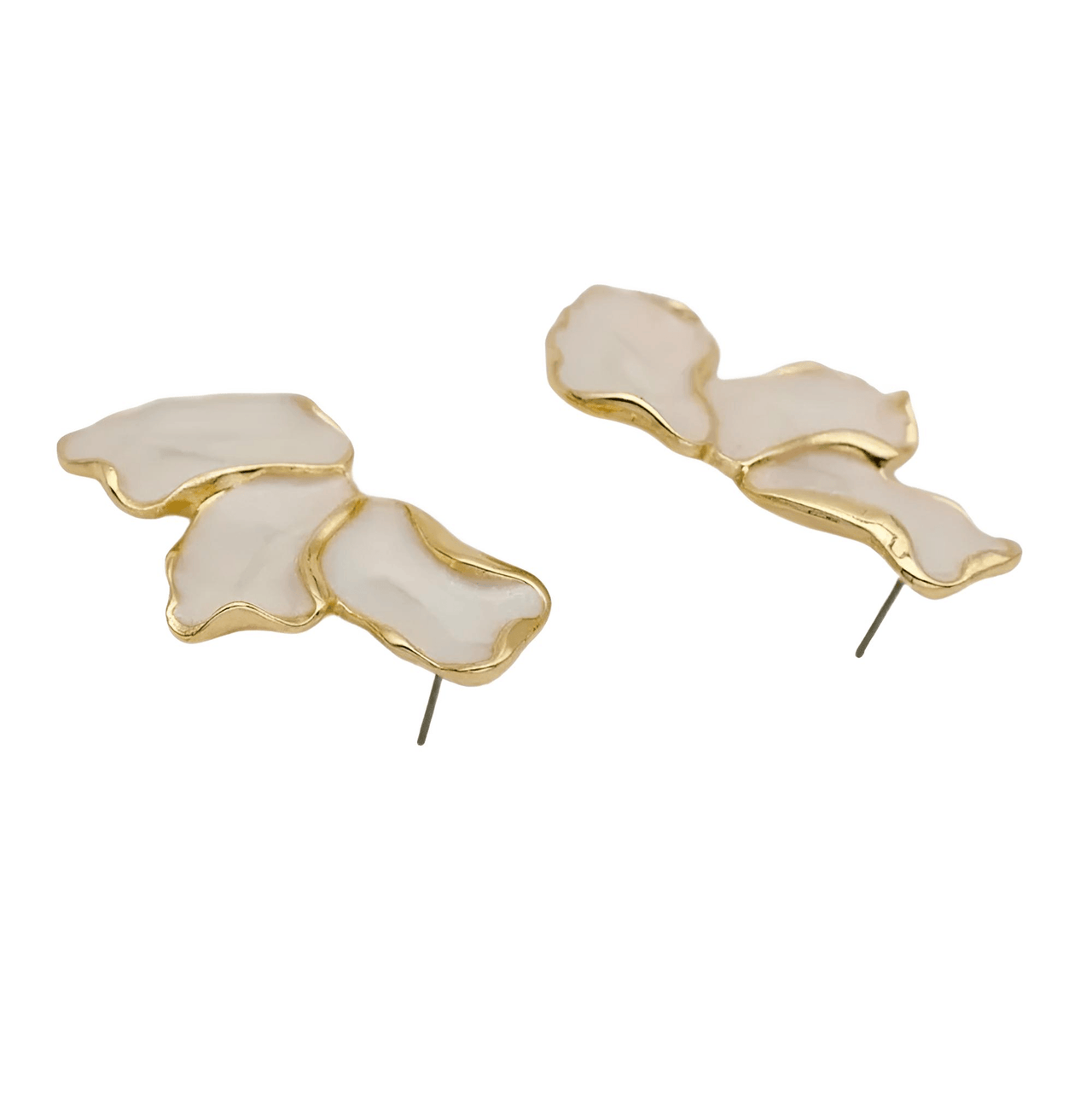 Cream Epoxy Metal Flower Stud Earrings Women's Fashion Gold Color Plating Irregular Post Earrings Heavy Design Statement Earrings, Drestiny, Earrings, Gold, Cream, Trendy Accessories, Gender_Women, United States, USA, Canada, Australia, New Zealand, United Kingdom, UK, Metal flower stud earrings, gold flower stud earrings, Small metal flower earrings, cute metal flower studs, shopdrestiny.com