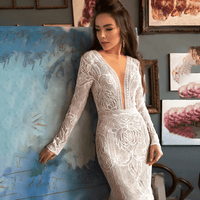 Thumbnail for Custom Lace Mermaid Wedding Dress Backless Long Sleeves Sweep Train Boho Bridal Gown Custom Made Bohemian Deep V Neck Dress, Drestiny, Wedding Dresses, Maxi Dresses, Long Sleeves, White, Ivory, United States, USA, Canada, Australia, United Kingdom, UK, 2, 4, 6, 8, 10, 12, 14, 16, 16W, 18W, 20W, Custom Sizing, Mermaid wedding dresses with lace, Affordable lace mermaid wedding dress, Long sleeve lace mermaid wedding dress, Lace fishtail wedding dress , mermaid lace bridal gown, shopdrestiny.com