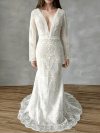 Thumbnail for Custom Lace Mermaid Wedding Dress Backless Long Sleeves Sweep Train Boho Bridal Gown Custom Made Bohemian Deep V Neck Dress, Drestiny, Wedding Dresses, Maxi Dresses, Long Sleeves, White, Ivory, United States, USA, Canada, Australia, United Kingdom, UK, 2, 4, 6, 8, 10, 12, 14, 16, 16W, 18W, 20W, Custom Sizing, Mermaid wedding dresses with lace, Affordable lace mermaid wedding dress, Long sleeve lace mermaid wedding dress, Lace fishtail wedding dress , mermaid lace bridal gown, shopdrestiny.com