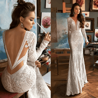 Thumbnail for Custom Lace Mermaid Wedding Dress Backless Long Sleeves Sweep Train Boho Bridal Gown Custom Made Bohemian Deep V Neck Dress, Drestiny, Wedding Dresses, Maxi Dresses, Long Sleeves, White, Ivory, United States, USA, Canada, Australia, United Kingdom, UK, 2, 4, 6, 8, 10, 12, 14, 16, 16W, 18W, 20W, Custom Sizing, Mermaid wedding dresses with lace, Affordable lace mermaid wedding dress, Long sleeve lace mermaid wedding dress, Lace fishtail wedding dress , mermaid lace bridal gown, shopdrestiny.com