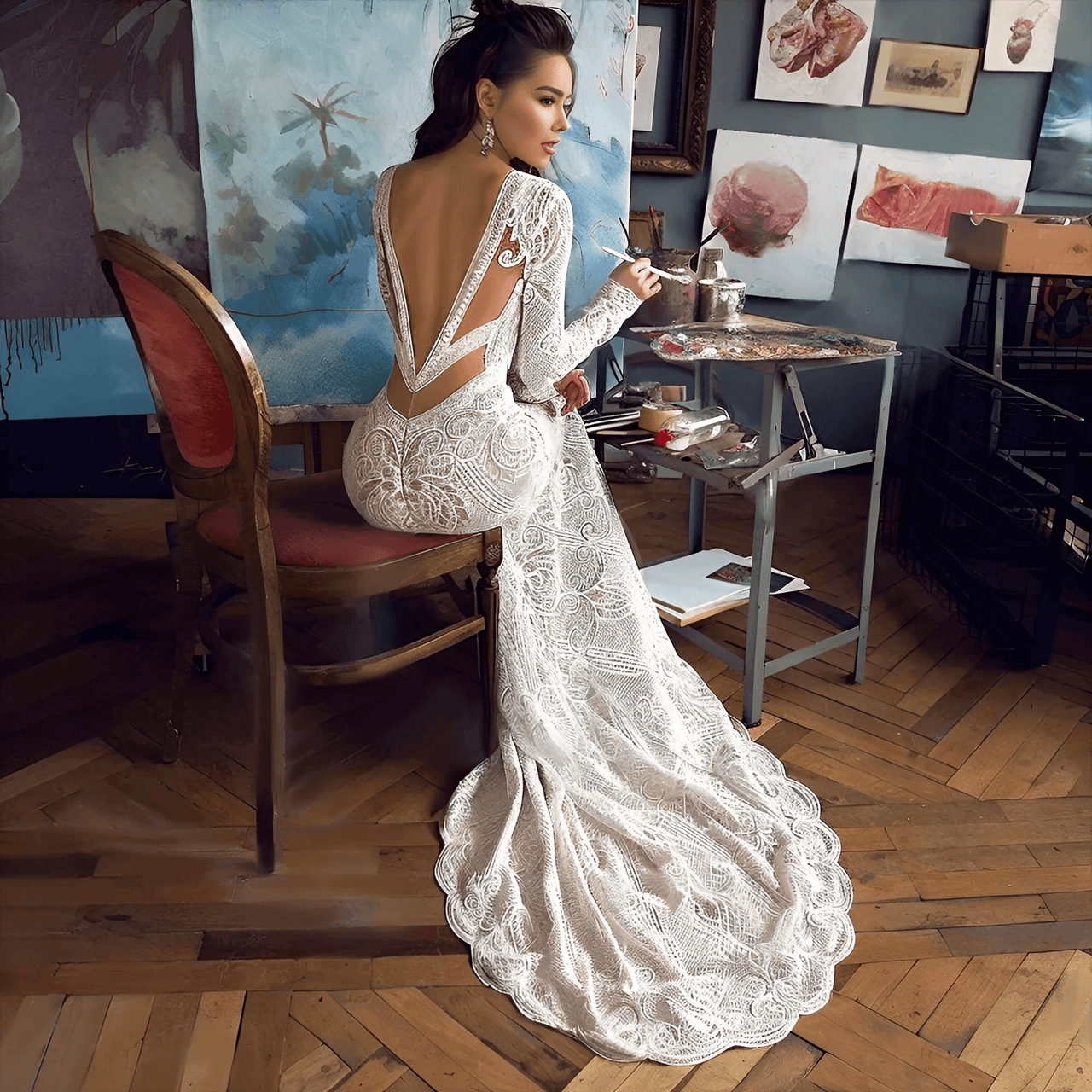 Custom Lace Mermaid Wedding Dress Backless Long Sleeves Sweep Train Boho Bridal Gown Custom Made Bohemian Deep V Neck Dress, Drestiny, Wedding Dresses, Maxi Dresses, Long Sleeves, White, Ivory, United States, USA, Canada, Australia, United Kingdom, UK, 2, 4, 6, 8, 10, 12, 14, 16, 16W, 18W, 20W, Custom Sizing, Mermaid wedding dresses with lace, Affordable lace mermaid wedding dress, Long sleeve lace mermaid wedding dress, Lace fishtail wedding dress , mermaid lace bridal gown, shopdrestiny.com