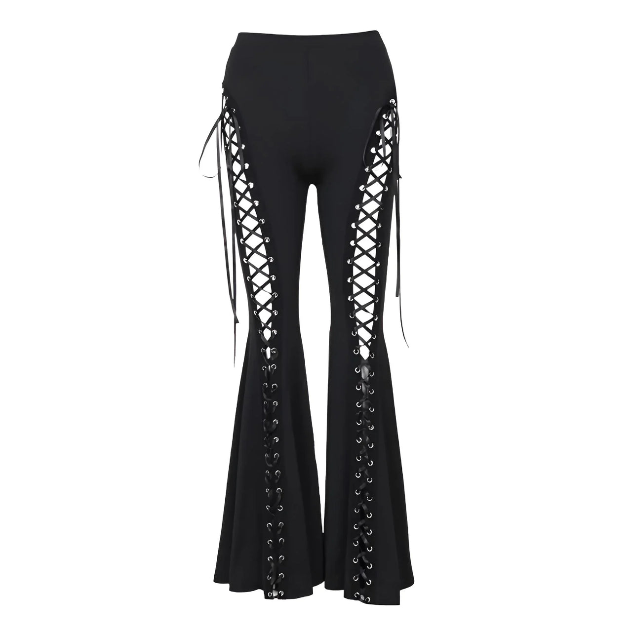 Dark Black Sexy Women's Flared Lace-Up Pants Cut Out Bell Bottom Tied Up High Waist Streetwear, Drestiny, Casual Pants, Y2K Pants, Trousers, Black, XS, S, M, L, XL, XXL, 2XL, 3XL, XXXL, United States, USA, Canada, Australia, New Zealand, United Kingdom, UK, Lace-up pants, women's flared trousers, Bell bottom pants with lace detail, Flared jeans with corset detail, shopdrestiny.com