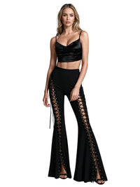 Thumbnail for Dark Black Sexy Women's Flared Lace-Up Pants Cut Out Bell Bottom Tied Up High Waist Streetwear, Drestiny, Casual Pants, Y2K Pants, Trousers, Black, XS, S, M, L, XL, XXL, 2XL, 3XL, XXXL, United States, USA, Canada, Australia, New Zealand, United Kingdom, UK, Lace-up pants, women's flared trousers, Bell bottom pants with lace detail, Flared jeans with corset detail, shopdrestiny.com