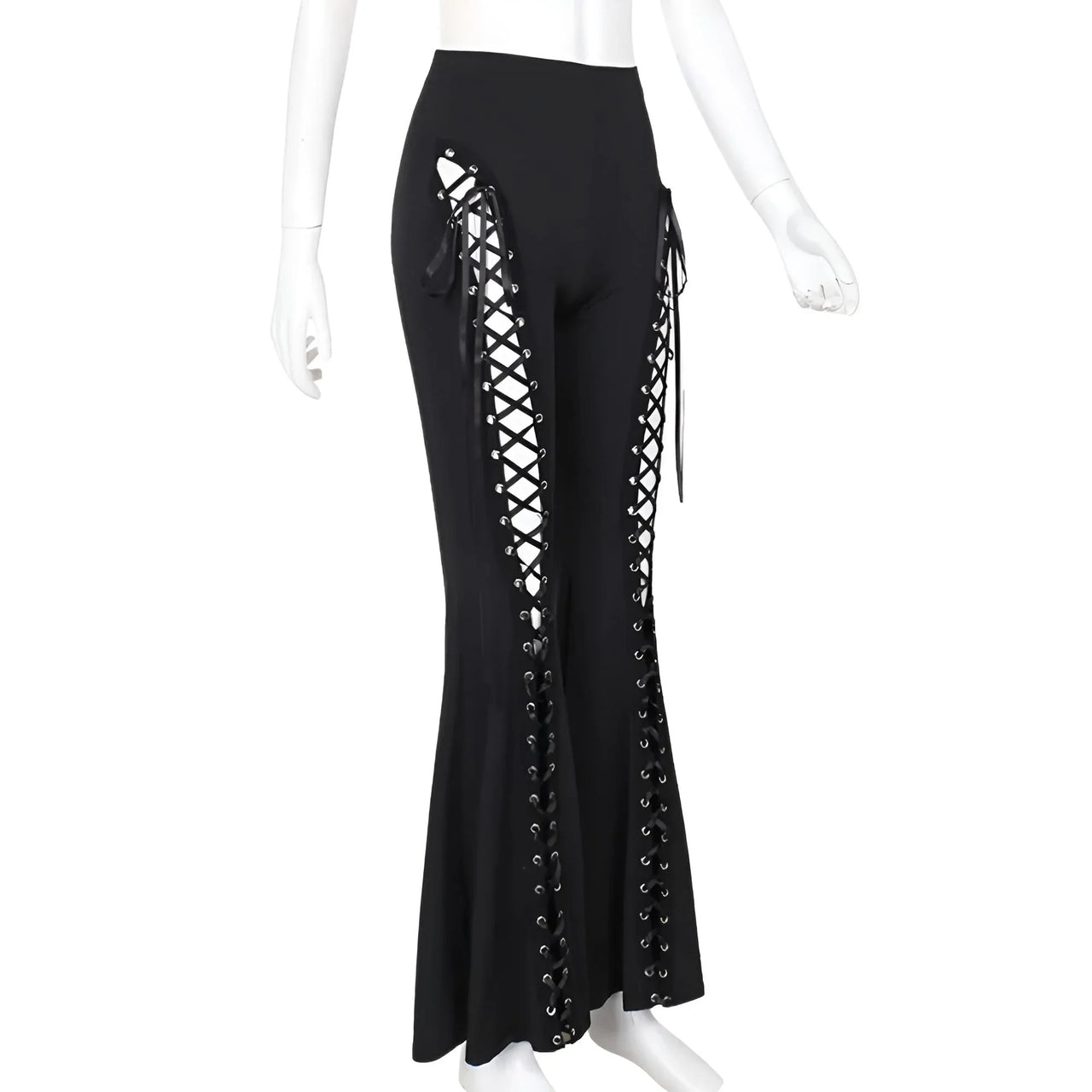 Dark Black Sexy Women's Flared Lace-Up Pants Cut Out Bell Bottom Tied Up High Waist Streetwear, Drestiny, Casual Pants, Y2K Pants, Trousers, Black, XS, S, M, L, XL, XXL, 2XL, 3XL, XXXL, United States, USA, Canada, Australia, New Zealand, United Kingdom, UK, Lace-up pants, women's flared trousers, Bell bottom pants with lace detail, Flared jeans with corset detail, shopdrestiny.com