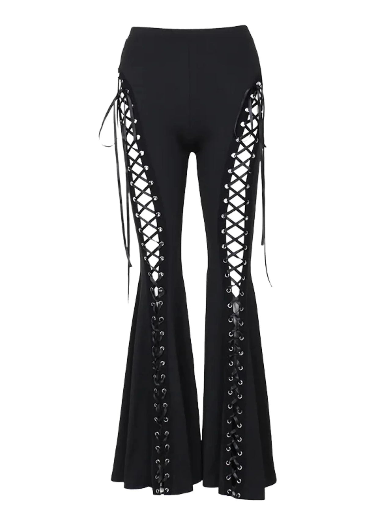 Dark Black Sexy Women's Flared Lace-Up Pants Cut Out Bell Bottom Tied Up High Waist Streetwear, Drestiny, Casual Pants, Y2K Pants, Trousers, Black, XS, S, M, L, XL, XXL, 2XL, 3XL, XXXL, United States, USA, Canada, Australia, New Zealand, United Kingdom, UK, Lace-up pants, women's flared trousers, Bell bottom pants with lace detail, Flared jeans with corset detail, shopdrestiny.com