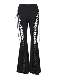 Thumbnail for Dark Black Sexy Women's Flared Lace-Up Pants Cut Out Bell Bottom Tied Up High Waist Streetwear, Drestiny, Casual Pants, Y2K Pants, Trousers, Black, XS, S, M, L, XL, XXL, 2XL, 3XL, XXXL, United States, USA, Canada, Australia, New Zealand, United Kingdom, UK, Lace-up pants, women's flared trousers, Bell bottom pants with lace detail, Flared jeans with corset detail, shopdrestiny.com