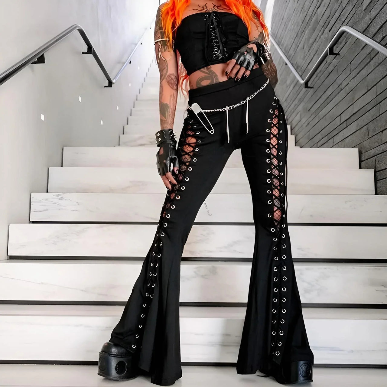 Dark Black Sexy Women's Flared Lace-Up Pants Cut Out Bell Bottom Tied Up High Waist Streetwear, Drestiny, Casual Pants, Y2K Pants, Trousers, Black, XS, S, M, L, XL, XXL, 2XL, 3XL, XXXL, United States, USA, Canada, Australia, New Zealand, United Kingdom, UK, Lace-up pants, women's flared trousers, Bell bottom pants with lace detail, Flared jeans with corset detail, shopdrestiny.com