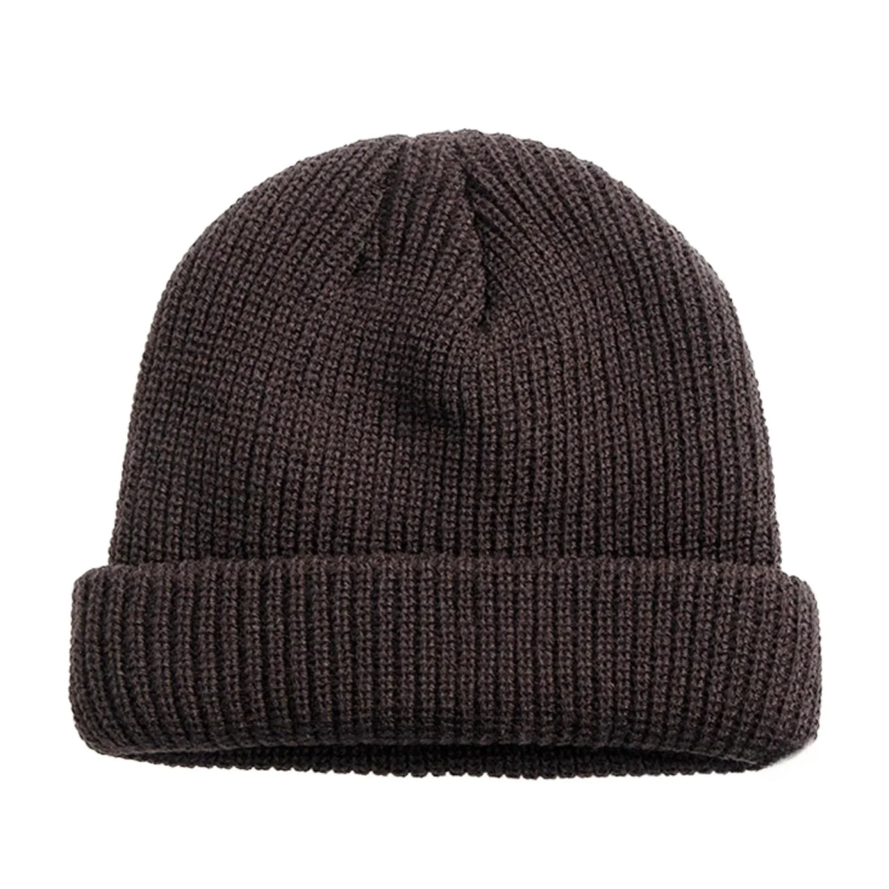 Brown knit beanie on a white background