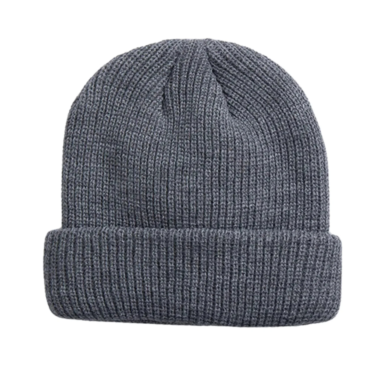 Gray knit beanie on a white background