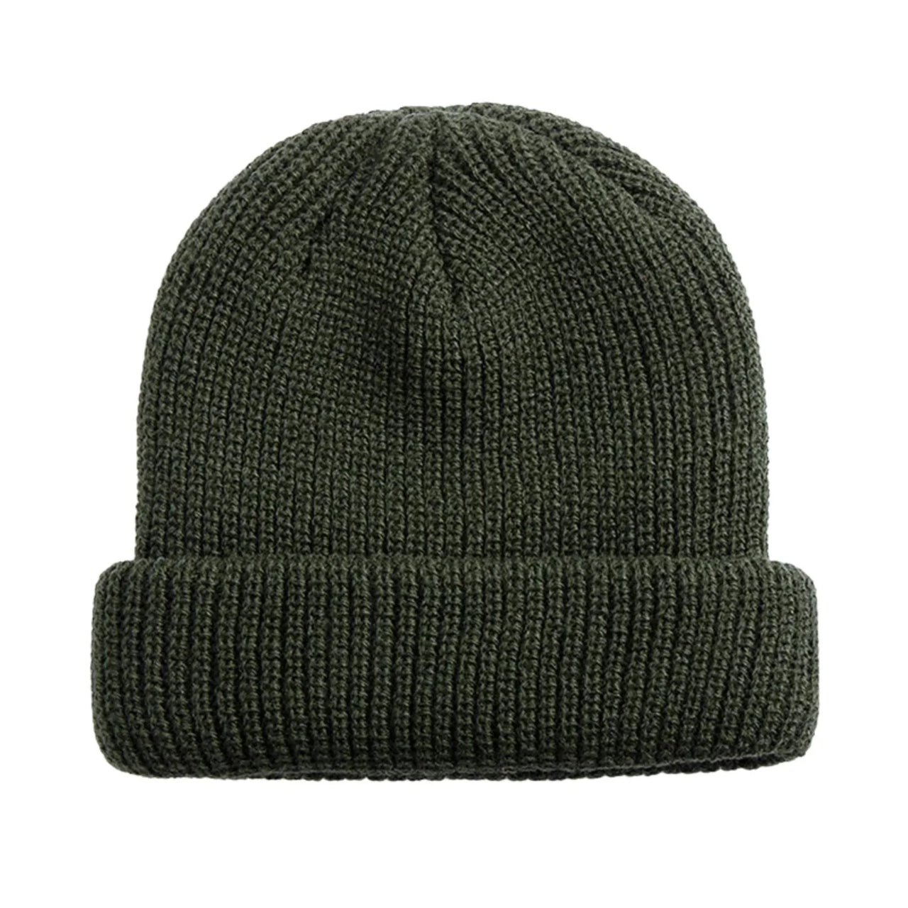 Army green knit beanie on a white background