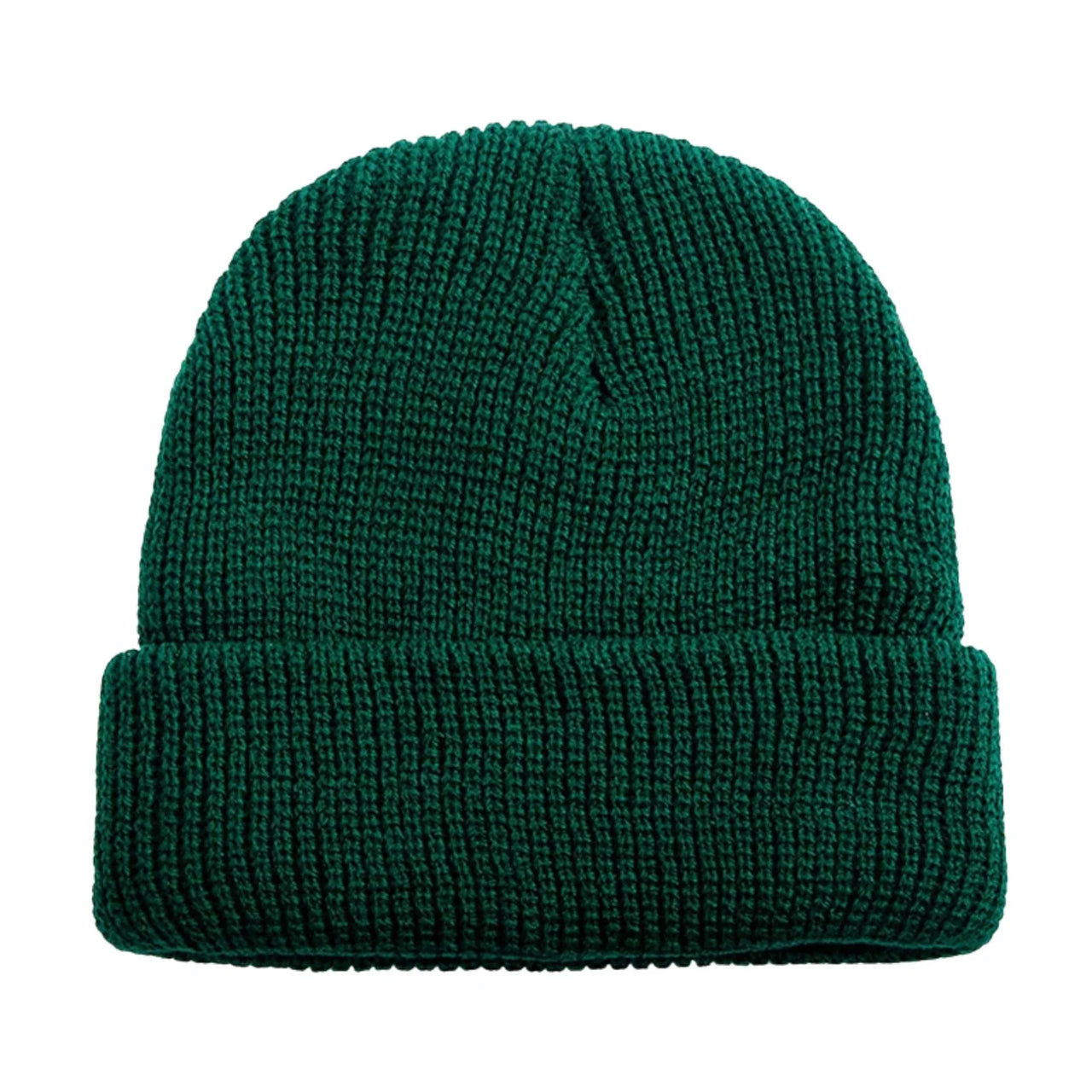 Dark green knit beanie on a white background