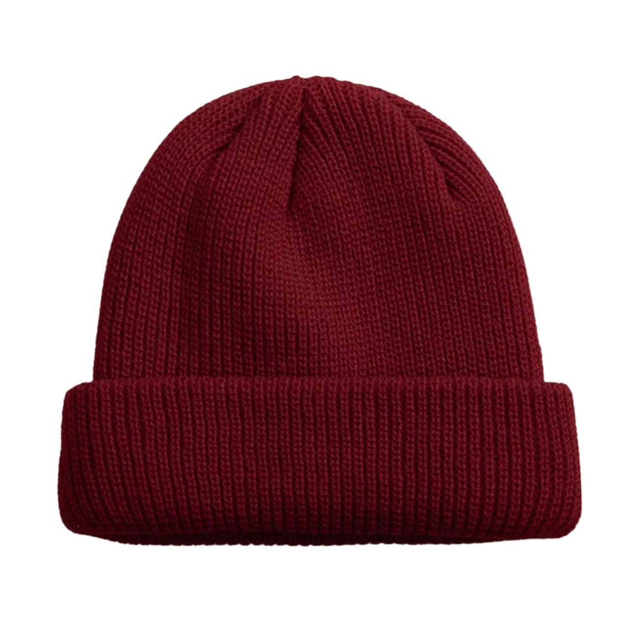 Wine red knit beanie on a white background