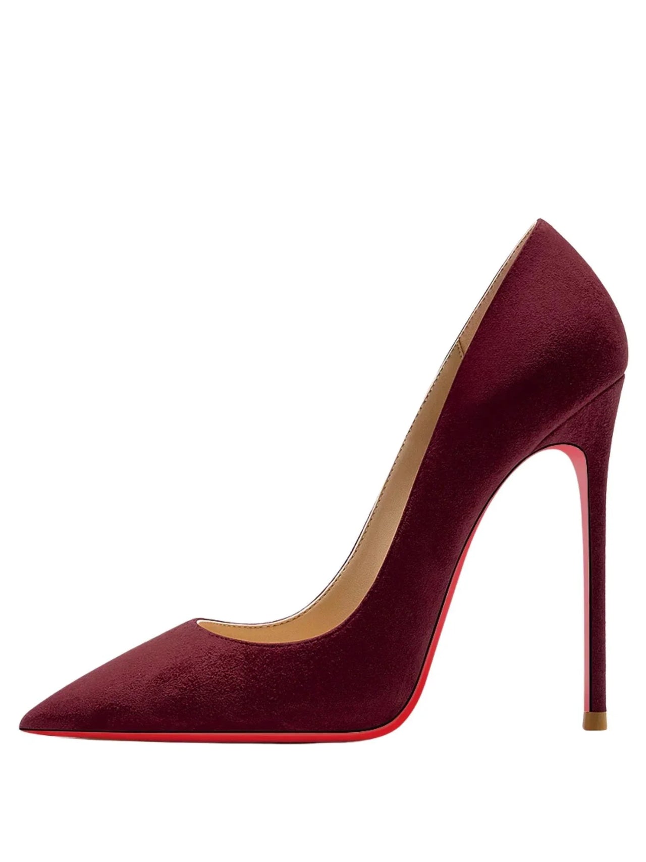 Burgundy high-heeled shoe with red sole on a white background