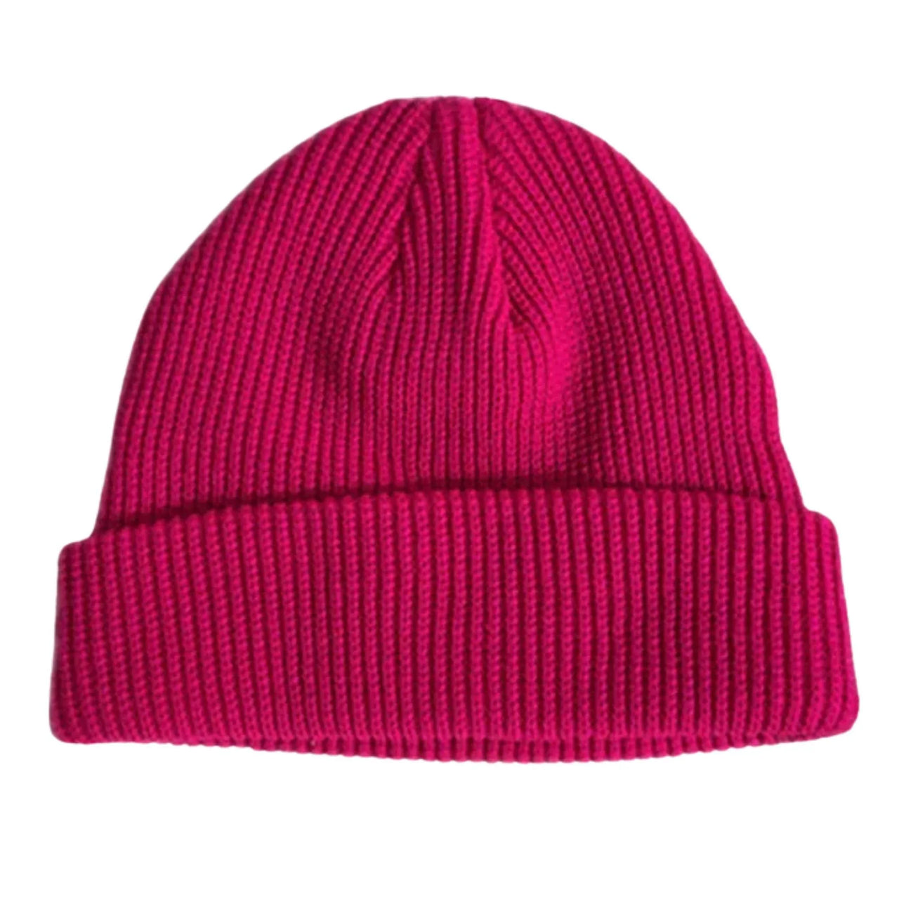 Deep pink knit beanie on a white background