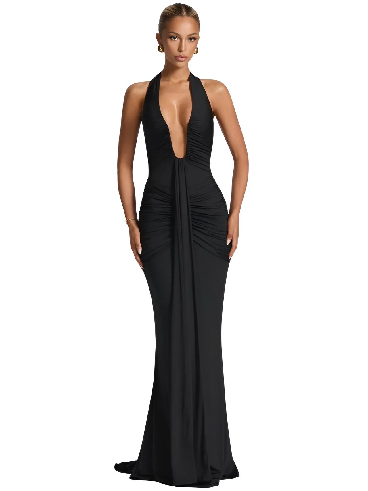 Deep V-Neck Halter Maxi Dress Women's Sleeveless Ruched Gown Draped Club Party Long Dress, Drestiny, Maxi Dresses, Dresses, Sleeveless, S, M, L, 4, 6, 8, 10, United States, USA, Canada, Australia, New Zealand, United Kingdom, UK, White, Black, Wine Red, Sky Blue, Green, Purple, V-neck maxi dress, Halter neck dress, Summer Maxi Dress, Wedding Guest maxi dress, Backless maxi dress, elegant maxi dress, shopdrestiny.com
