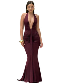 Thumbnail for Deep V-Neck Halter Maxi Dress Women's Sleeveless Ruched Gown Draped Club Party Long Dress, Drestiny, Maxi Dresses, Dresses, Sleeveless, S, M, L, 4, 6, 8, 10, United States, USA, Canada, Australia, New Zealand, United Kingdom, UK, White, Black, Wine Red, Sky Blue, Green, Purple, V-neck maxi dress, Halter neck dress, Summer Maxi Dress, Wedding Guest maxi dress, Backless maxi dress, elegant maxi dress, shopdrestiny.com