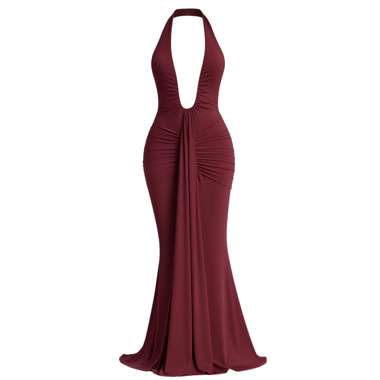 Wine red halter neck gown on a white background