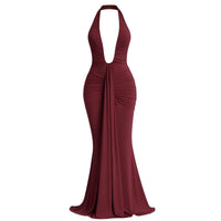 Thumbnail for Wine red halter neck gown on a white background