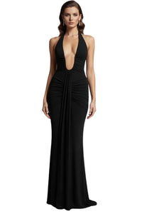 Thumbnail for Black evening gown with a plunging neckline on a white background