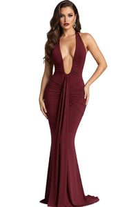 Thumbnail for Burgundy evening gown with a plunging neckline on a white background