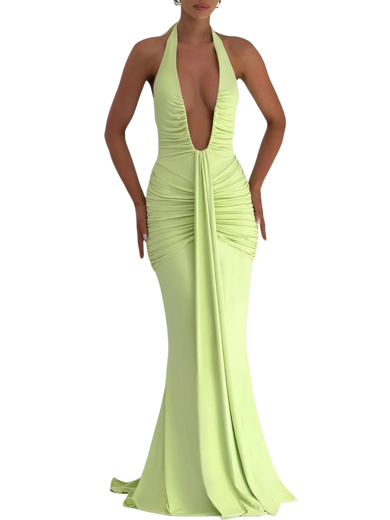 Deep V-Neck Halter Maxi Dress Women's Sleeveless Ruched Gown Draped Club Party Long Dress, Drestiny, Maxi Dresses, Dresses, Sleeveless, S, M, L, 4, 6, 8, 10, United States, USA, Canada, Australia, New Zealand, United Kingdom, UK, White, Black, Wine Red, Sky Blue, Green, Purple, V-neck maxi dress, Halter neck dress, Summer Maxi Dress, Wedding Guest maxi dress, Backless maxi dress, elegant maxi dress, shopdrestiny.com